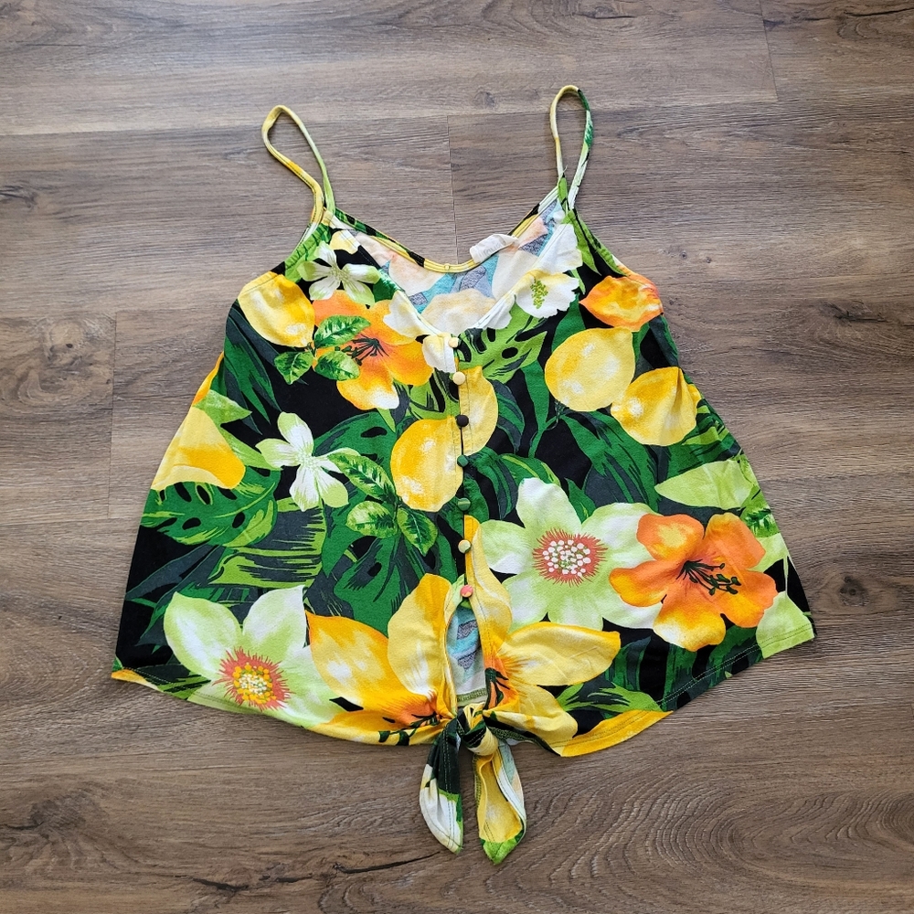 Kirious Top XL Tank Front Tie Lemon Floral Tropical Resort Vacation Button